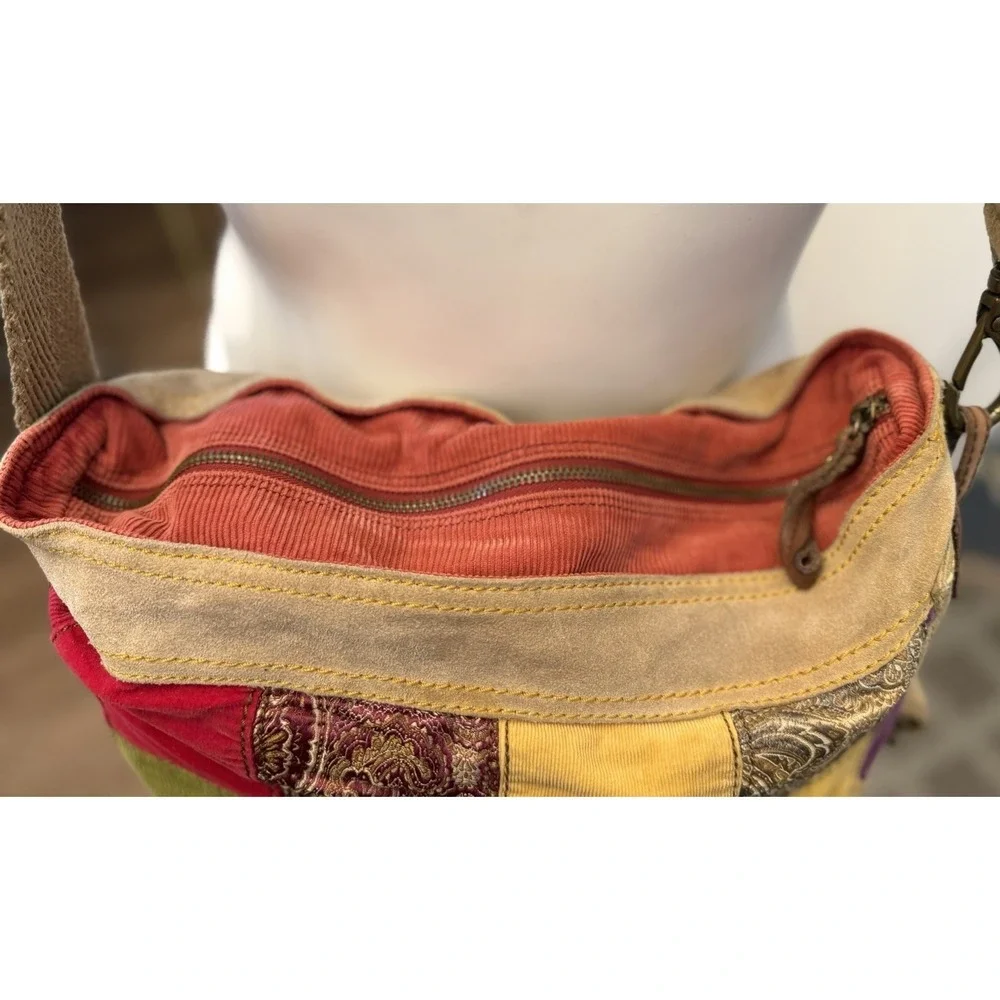 VTG Lucky Brand Corduroy Patchwork Boho Shoulder Bag large Crossbody Hobo Tote